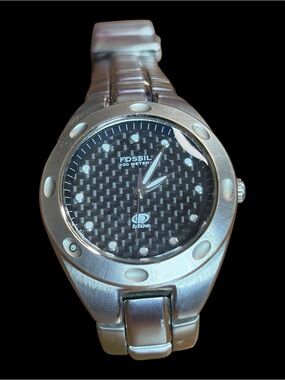181 Fossil Silver Stainless Steel Watch with Black Carbon Fiber Dial